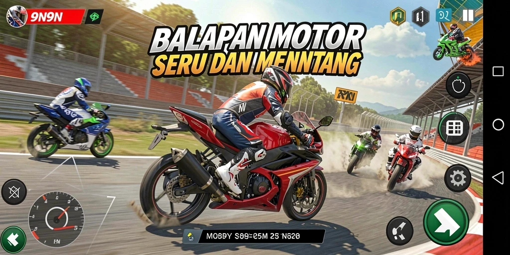 Tangkapan layar gameplay <strong>9N9N</strong> dengan motor melaju kencang di trek.