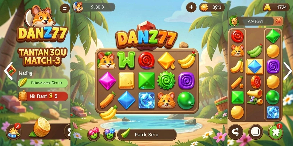 Tangkapan layar gameplay DAN777 yang menampilkan level Match-3 yang seru.