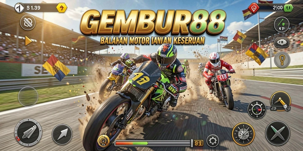Screenshot utama GEMBUR88 menampilkan aksi balapan motor yang seru dan penuh kecepatan.