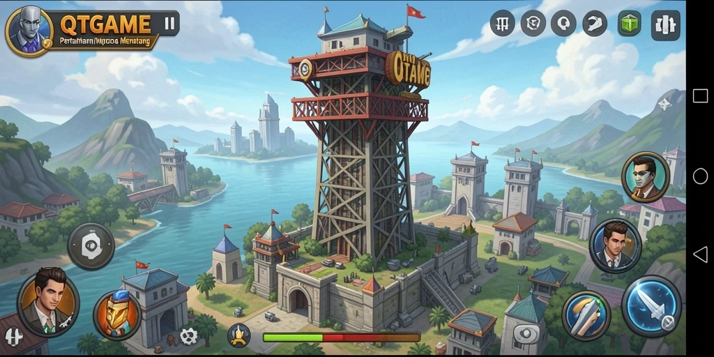 Tampilan gameplay QTGAME menampilkan pertahanan menara yang menegangkan