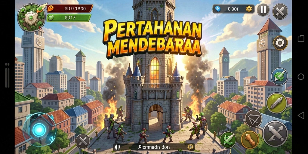 Tampilan gameplay menarik Tower Defense SD107 dengan menara dan musuh.