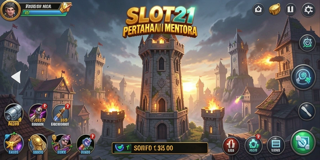 Tampilan gameplay SLOT21 yang seru dalam pertempuran Tower Defense.