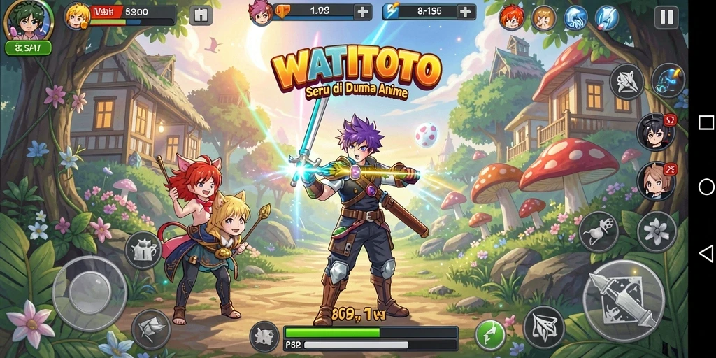 Tangkapan layar WATITOTO menampilkan aksi seru dalam pertarungan karakter Anime.